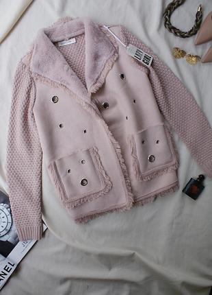 Брендовий кардиган кофта комбінована штучне хутро у пудровому відтінку