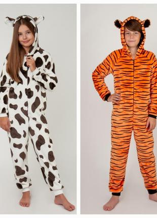 Теплий махровий комбінезон кігурумі, тепла зимова піжама, домашній комбінезон тигр/корівка