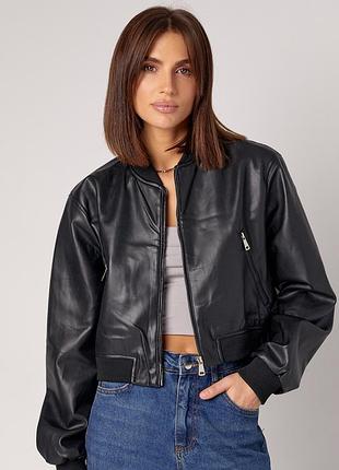 Женская куртка-бомбер из кожзама цвет черный размер m fl_001807