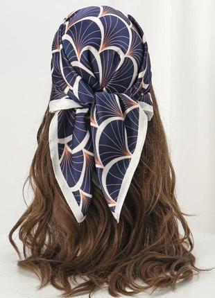 Сатинова жіноча шаль палантин шарф синій абстракція око павича штучний шовк