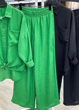 Классический костюм льна рубашка оверсайз удлиненная на пуговицах брюки клеш палаццо комплект зеленый черный летний рубашка трендовый стильный2 фото