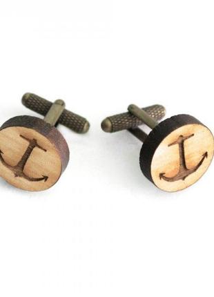 Деревянные запонки круглые якорь обычный handmade  бронзово-коричневый cl0083599