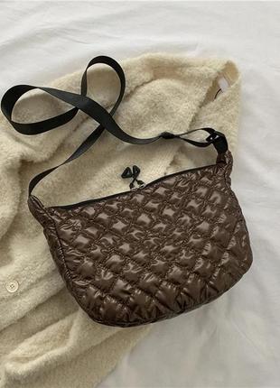 Тренд стьобана коричнева нейлонова балоньова жіноча сумка шопер через плече кросбоді2 фото
