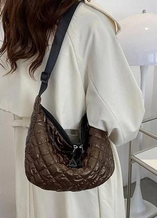 Тренд стьобана коричнева нейлонова балоньова жіноча сумка шопер через плече кросбоді9 фото