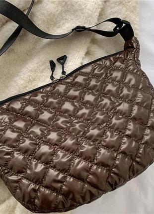 Тренд стьобана коричнева нейлонова балоньова жіноча сумка шопер через плече кросбоді6 фото