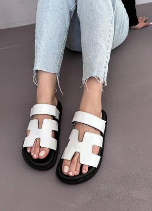 Белые женские шлепанцы шлепки с липучкой из натуральной кожи кожаные женские шлепанцы шлепки под бренд слайдеры
