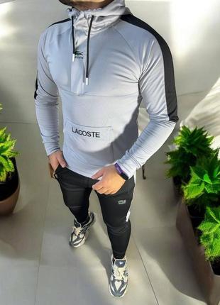 Мужской спортивный костюм lacoste на осень в серо-черном цвете premium качества на каждый день