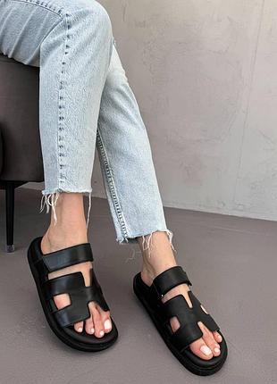 Черные женские шлепанцы шлепки с липучкой из натуральной кожи кожаные женские шлепанцы шлепки под бренд слайдеры