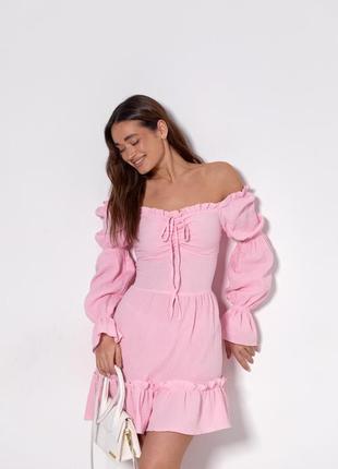 Коротка рожева сукня з оборками з мусліну. модель 14344 фото