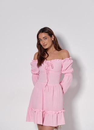 Коротка рожева сукня з оборками з мусліну. модель 14343 фото