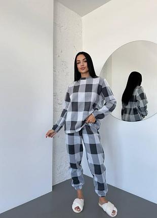 Тепла жіноча флісова піжама в клітинку, картата піжама з полар флісу на осінь зиму, жіноча піжама утеплена, 079