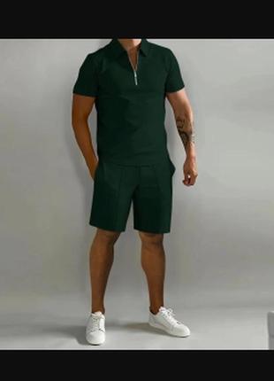 Комплект чоловічий футболка поло + шорти літній зелений, чоловічий костюм молодіжний на літо2 фото