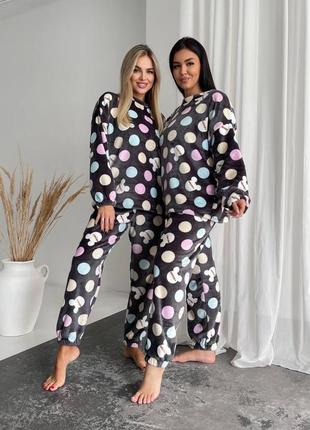 Теплая махровая двусторонняя пижама штаны + кофта, женская утепленная пижама из махры на осень зиму, теплая пижама велсофт, 1570