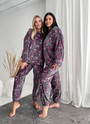 Теплая махровая двусторонняя пижама штаны + кофта, женская утепленная пижама из махры на осень зиму, теплая пижама велсофт, 1570