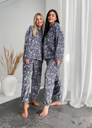 Теплая махровая двусторонняя пижама штаны + кофта, женская утепленная пижама из махры на осень зиму, теплая пижама велсофт, 1570