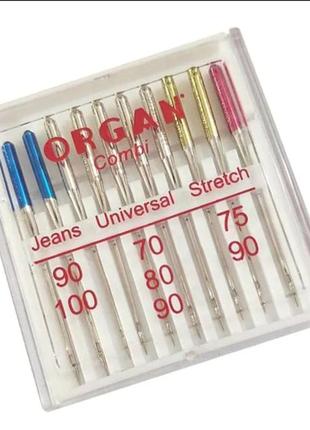 Голки швейні organ combi box (universal 5шт, jeans 2шт, super stretch 3шт) бокс 10штук для побутових швейних машин