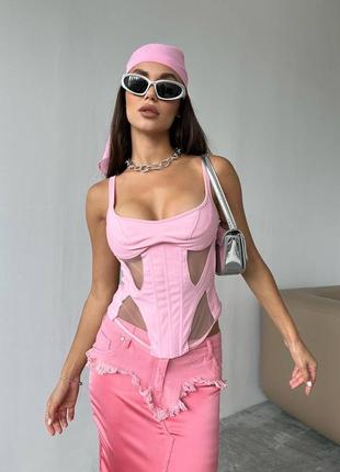 Корсет топ в стилі mugler рожевий з декольте сіткою