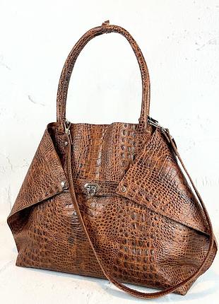 Сумка-шопер-трансформер жіноча натуральна шкіра, світло-коричнева кроко 1731