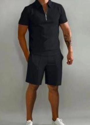 Комплект мужской футболка поло + шорты летний черный, мужской костюм молодежный на лето