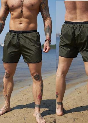 Короткие мужские шорты пляжные для купания и плавания быстросохнущие intruder хаки с черным