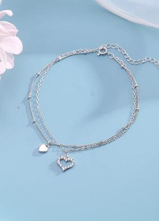 Браслет на ногу срібний подвійний гармонія сердець, анклет два серця, срібло 925 проби, довжина 20+4 см6 фото