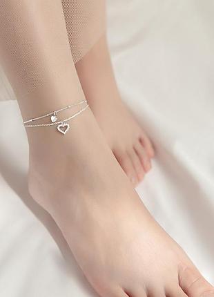 Браслет на ногу срібний подвійний гармонія сердець, анклет два серця, срібло 925 проби, довжина 20+4 см