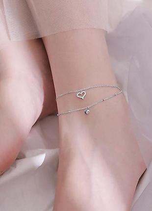 Браслет на ногу срібний подвійний гармонія сердець, анклет два серця, срібло 925 проби, довжина 20+4 см7 фото