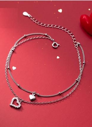 Браслет на ногу срібний подвійний гармонія сердець, анклет два серця, срібло 925 проби, довжина 20+4 см2 фото