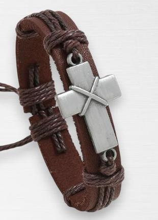 Чоловічий плетений браслет зі штучної шкіри хрест оберіг