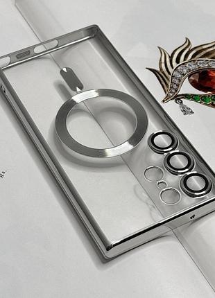 Чехол для samsung s23 ultra. серебристый глянцевый цвет, с защитой камеры
