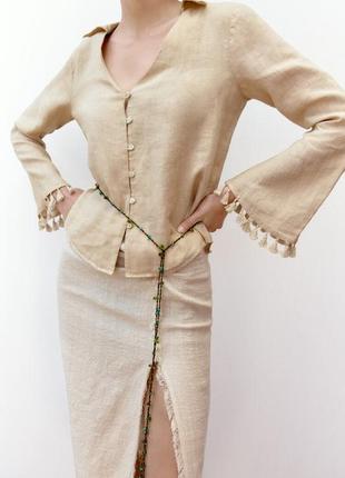Льняная блуза с расклешенными рукавами и кисточками zara2 фото