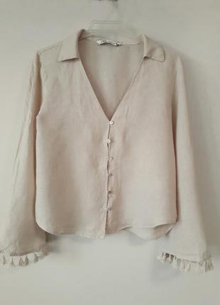 Льняная блуза с расклешенными рукавами и кисточками zara6 фото