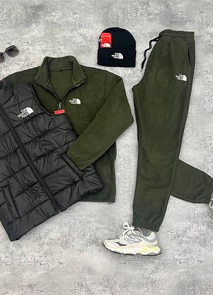 Комплект the north face плюш (хакі колір) (костюм+жилетка+шапка)