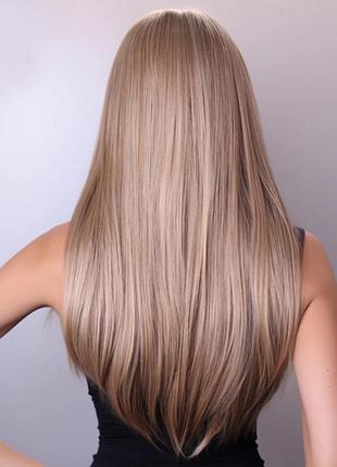 Перука пшеничний темний блонд, довге пряме волосся без чуба, термоперука блонд русява