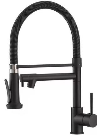 Смеситель для кухни из латунный с выдвижным и стационарным изливом из нержавеющей стали,цвет черный