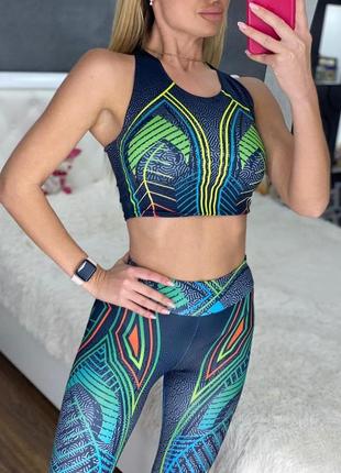 Жіночий спортивний костюм футболка-топ і лосини для фітнесу, тренувань, йоги зелений neon6 фото