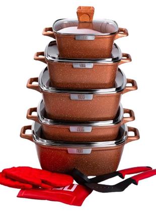 Набір з 5 алюмінієвих квадратних каструль з товстим дном mgc + лопатка, ополоник, рукавички та фартух