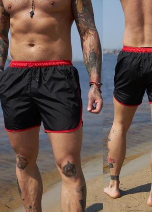 Короткі чоловічі шорти пляжні для купання та плавання швидковисихаючі intruder чорні з червоним