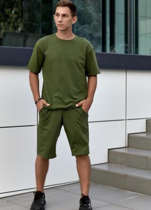 Комплект мужской футболка + шорты летний хаки, мужской костюм молодежный оверсайз на лето повседневный