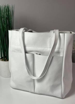 Жіноча сумка через плече шкіряна біла сумка шоппер на блискавці з натуральної шкіри флотар10 фото