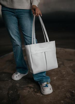 Жіноча сумка через плече шкіряна біла сумка шоппер на блискавці з натуральної шкіри флотар4 фото