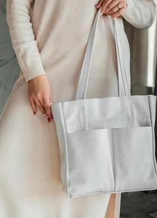 Жіноча сумка через плече шкіряна біла сумка шоппер на блискавці з натуральної шкіри флотар8 фото