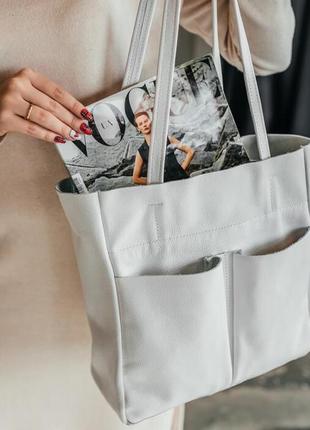 Жіноча сумка через плече шкіряна біла сумка шоппер на блискавці з натуральної шкіри флотар9 фото