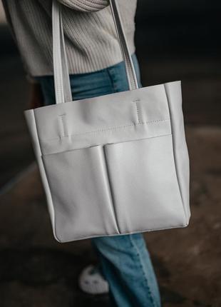 Жіноча сумка через плече шкіряна біла сумка шоппер на блискавці з натуральної шкіри флотар5 фото