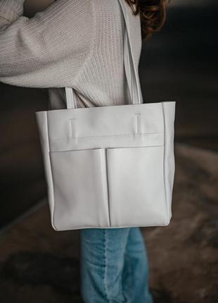 Жіноча сумка через плече шкіряна біла сумка шоппер на блискавці з натуральної шкіри флотар6 фото