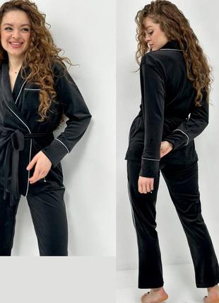 Жіноча велюрова піжама великих розмірів кімоно і штани домашній костюм з велюру батал чорна