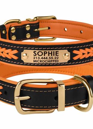 Нашийник шкіряний для собаки з гравіюванням і підкладкою чорно-рожевий