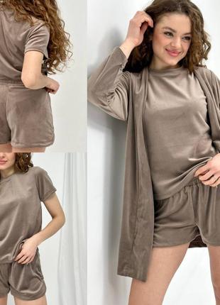 Жіноча велюрова піжама трійка футболка і шорти домашній костюм з велюру з халатом туреччина норма коричневая