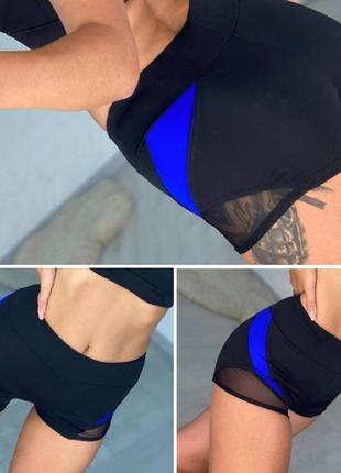 Женские шорты для pole dance, гимнастики и фитнеса, пол денс и йоги с сеточкой синяя вставка