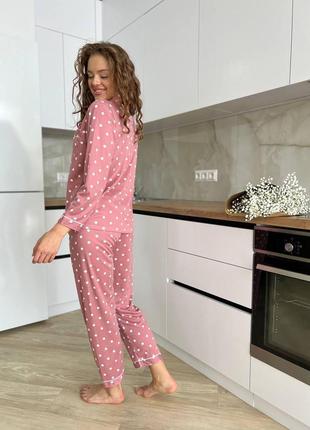 Женская пижама шелковая армани рубашка и штаны в горошек для девушек домашний костюм розовая3 фото